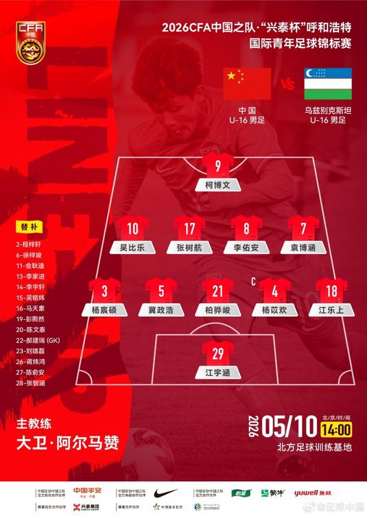 中国男足U16首发出战乌兹别克斯坦U16，阵型为541