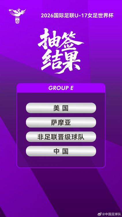 中国U-17女足世界杯抽签落位E组，同组美国萨摩亚