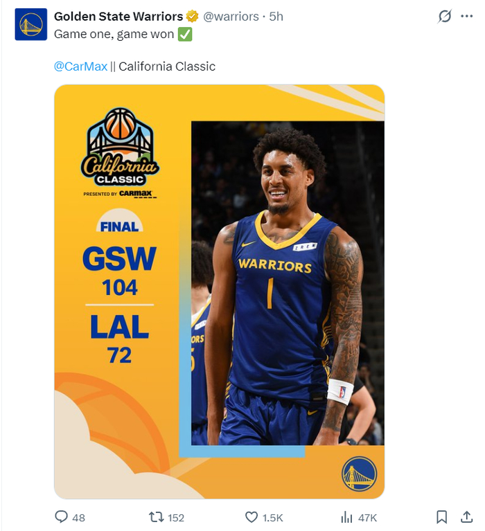 NBA夏季联赛勇士104-72湖人，伦德博格19分6助攻