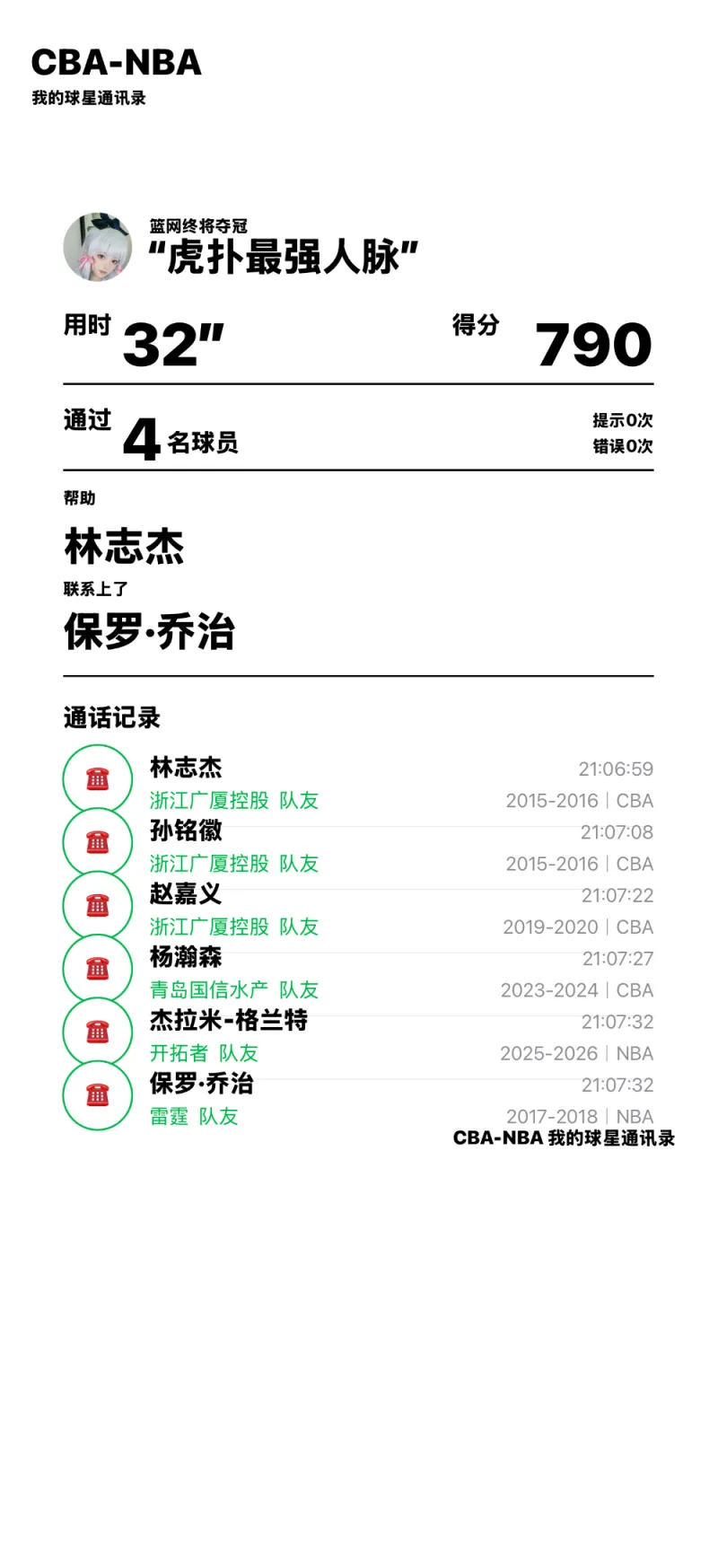 林志杰完成球星通讯录挑战，4步连到保罗·乔治