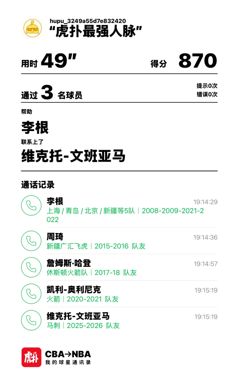 3步联系到维克托-文班亚马，球星通讯录今日挑战完成