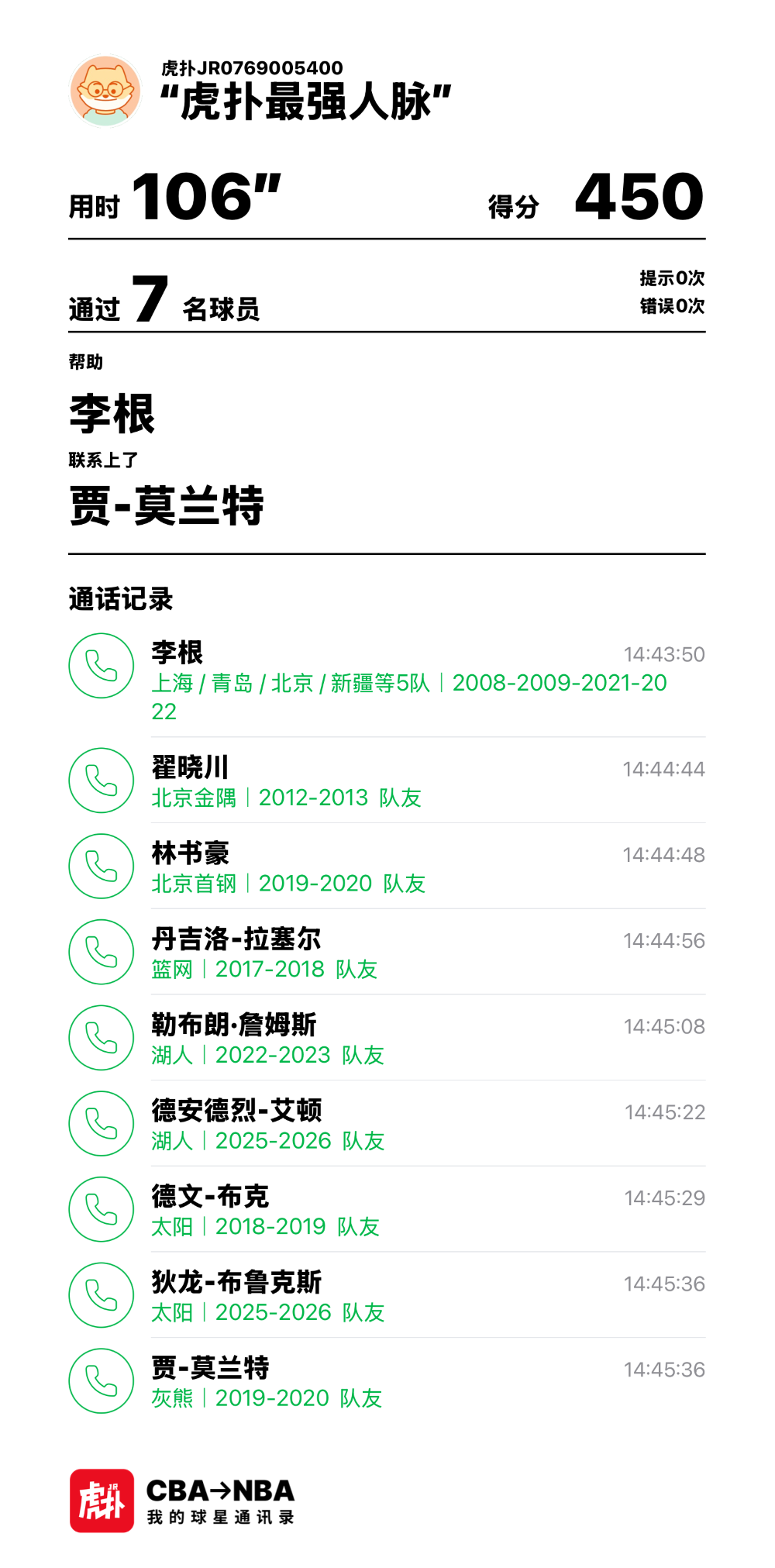 今日挑战：用7步联系到贾-莫兰特，用时106秒