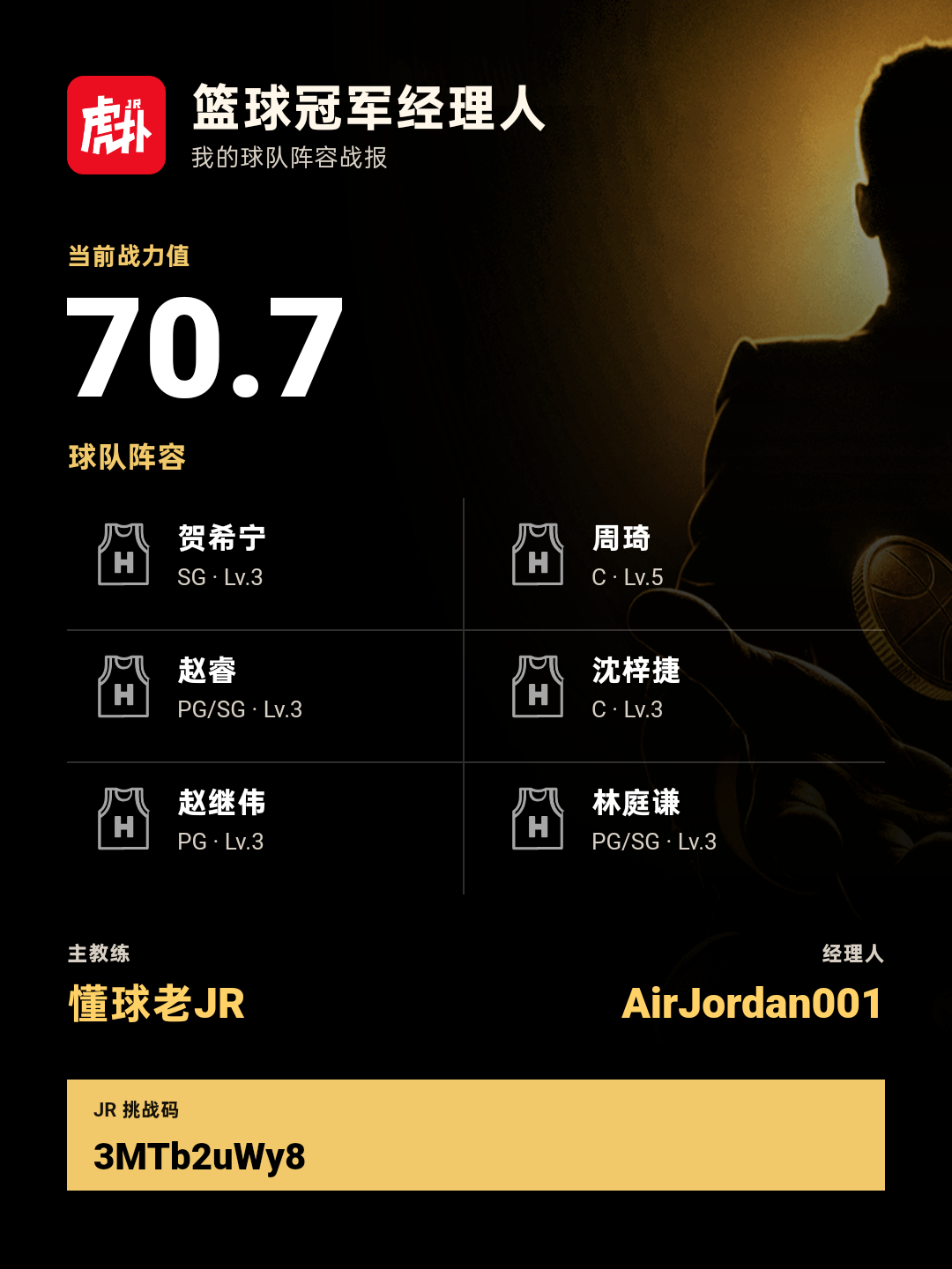 篮球冠军经理人阵容战力70.7，含贺希宁周琦赵睿