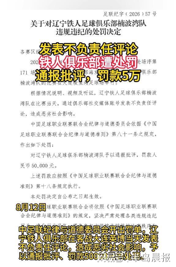 中足联处罚辽宁铁人俱乐部：通报批评并罚款50000元
