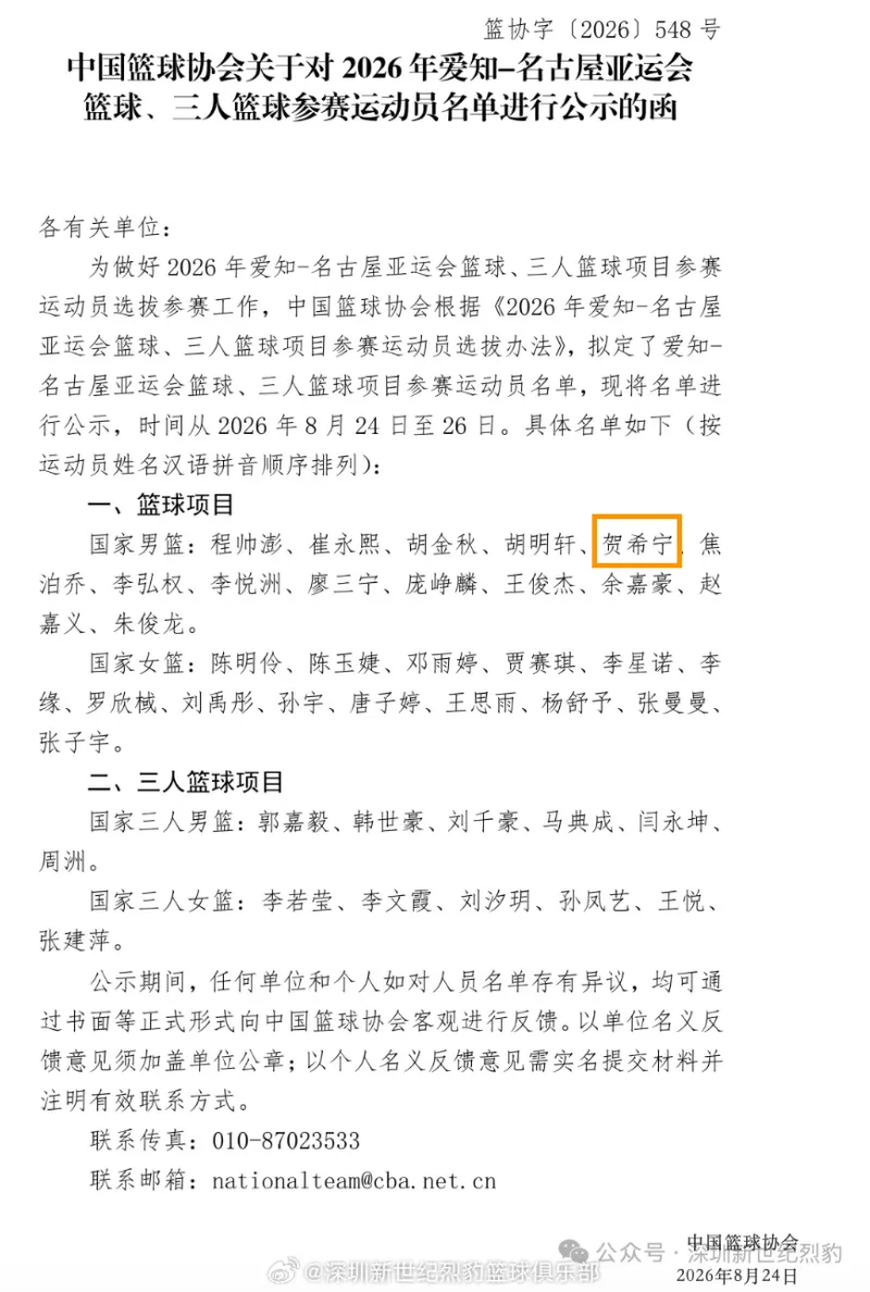 深圳男篮贺希宁入选亚运名单 随中国男篮出征多哈备战世界杯预选赛