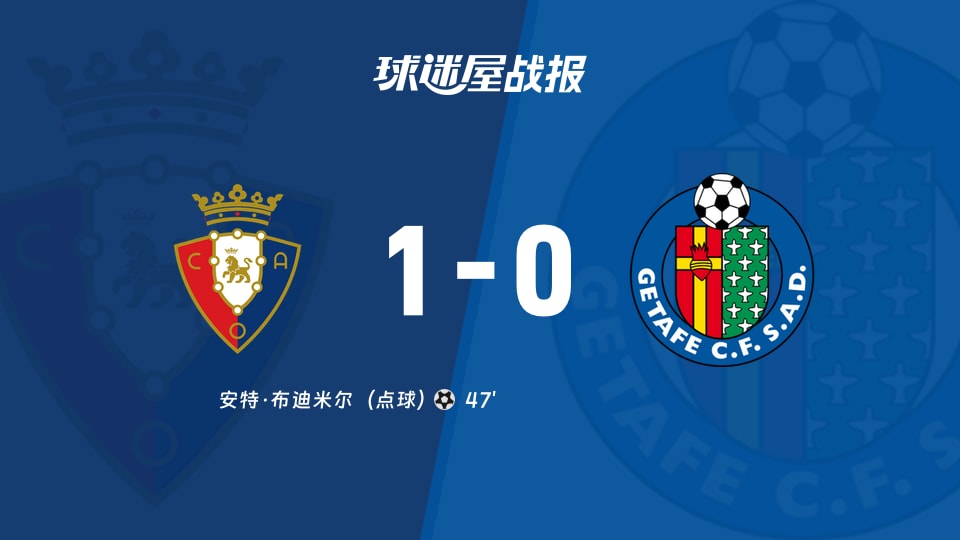西甲奥萨苏纳1-0赫塔菲,布迪米尔点球破门取三分