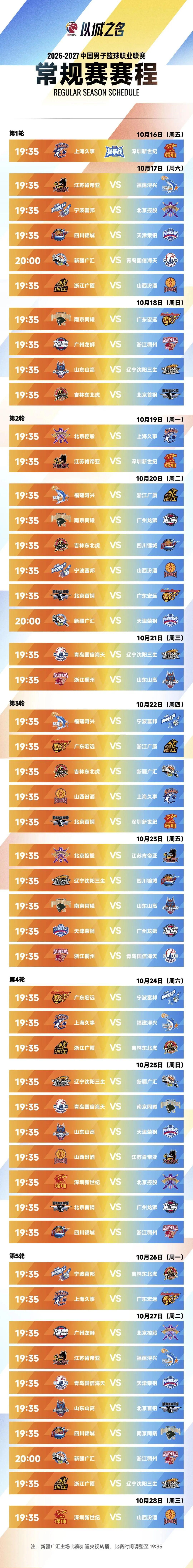 2026-2027赛季CBA常规赛10月16日开打，广东宏远首战南京同曦