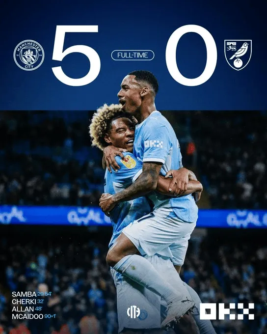 曼城5-0诺维奇，控球率66%射门14-4压倒对手