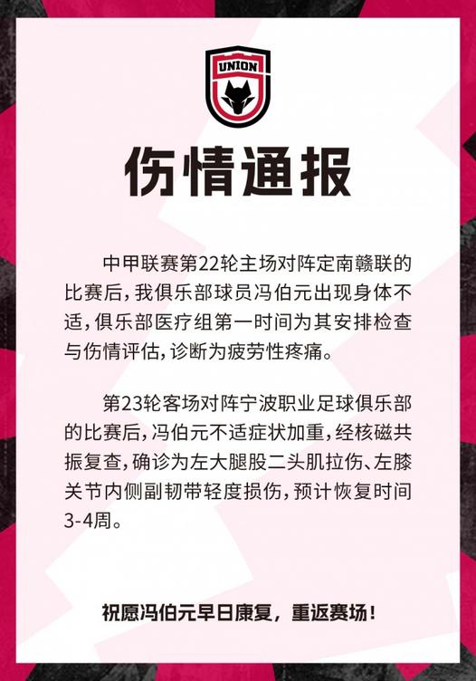陕西联合官方:冯伯元左大腿股二头肌拉伤、左膝内侧副韧带轻度损伤