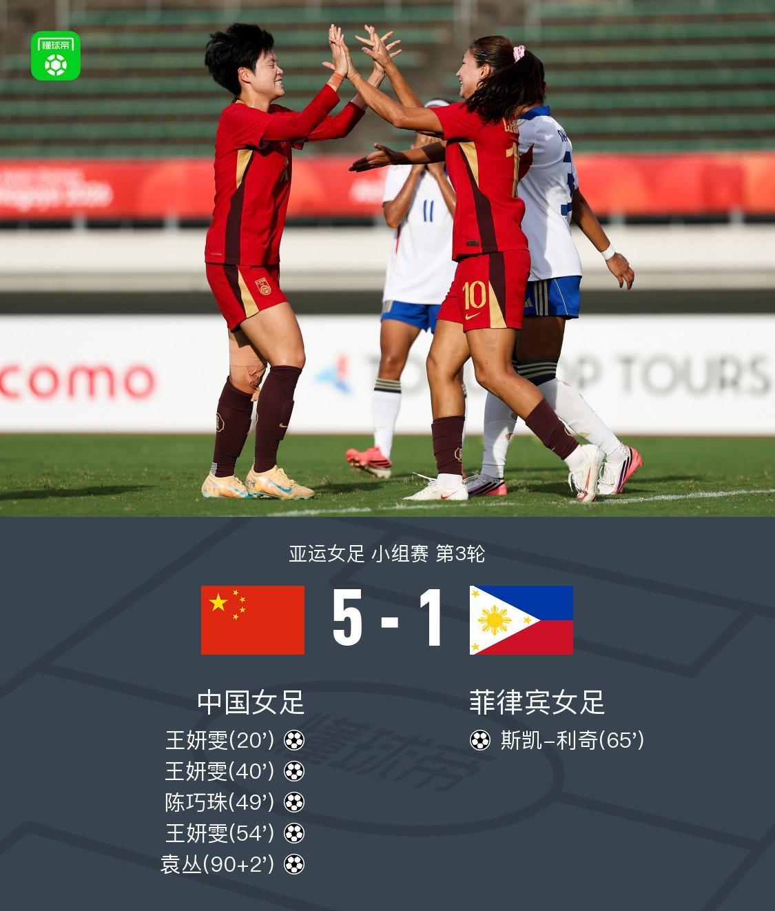中国女足5-1菲律宾女足头名出线 王妍雯戴帽陈巧珠破门