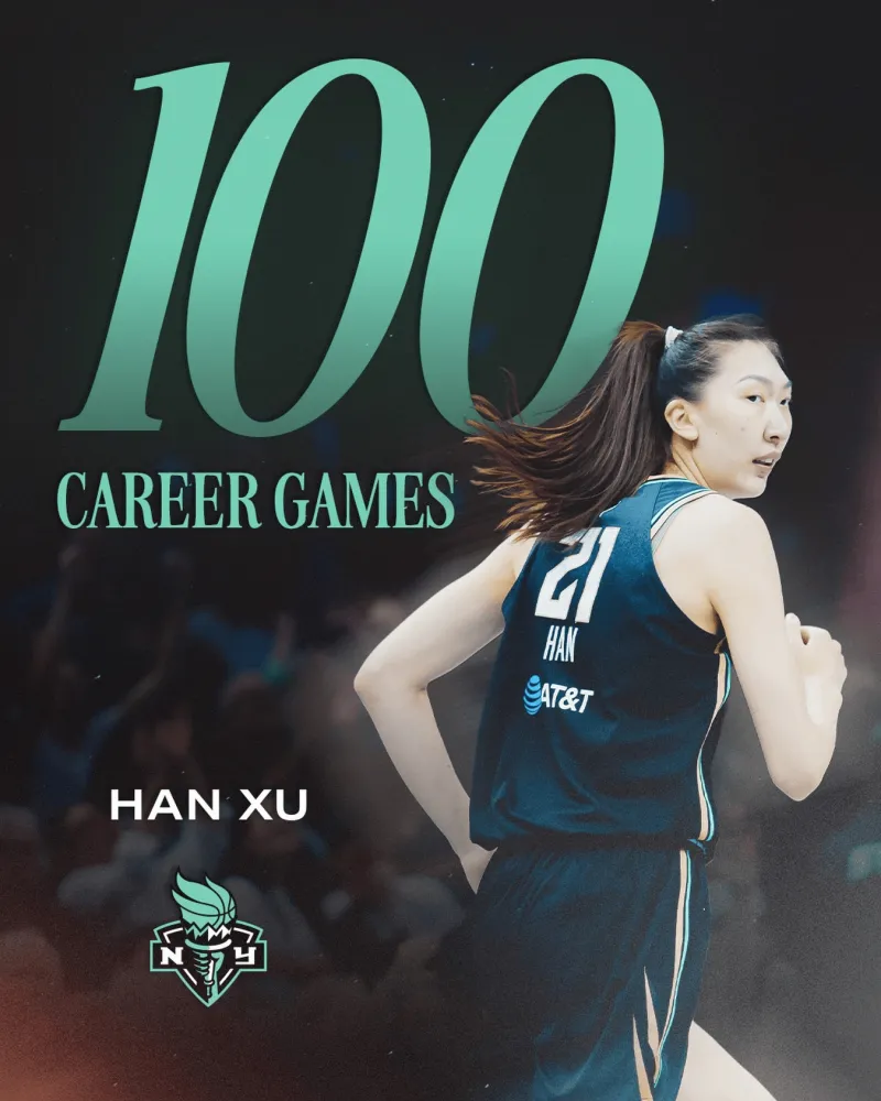 韩旭达成WNBA百场里程碑 纽约自由人官方祝贺