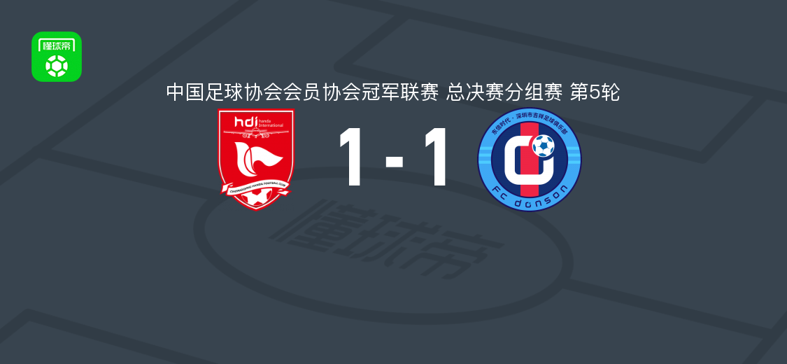 重庆两江瀚达1-1深圳吉祥，付杰破门，赵和靖扳平