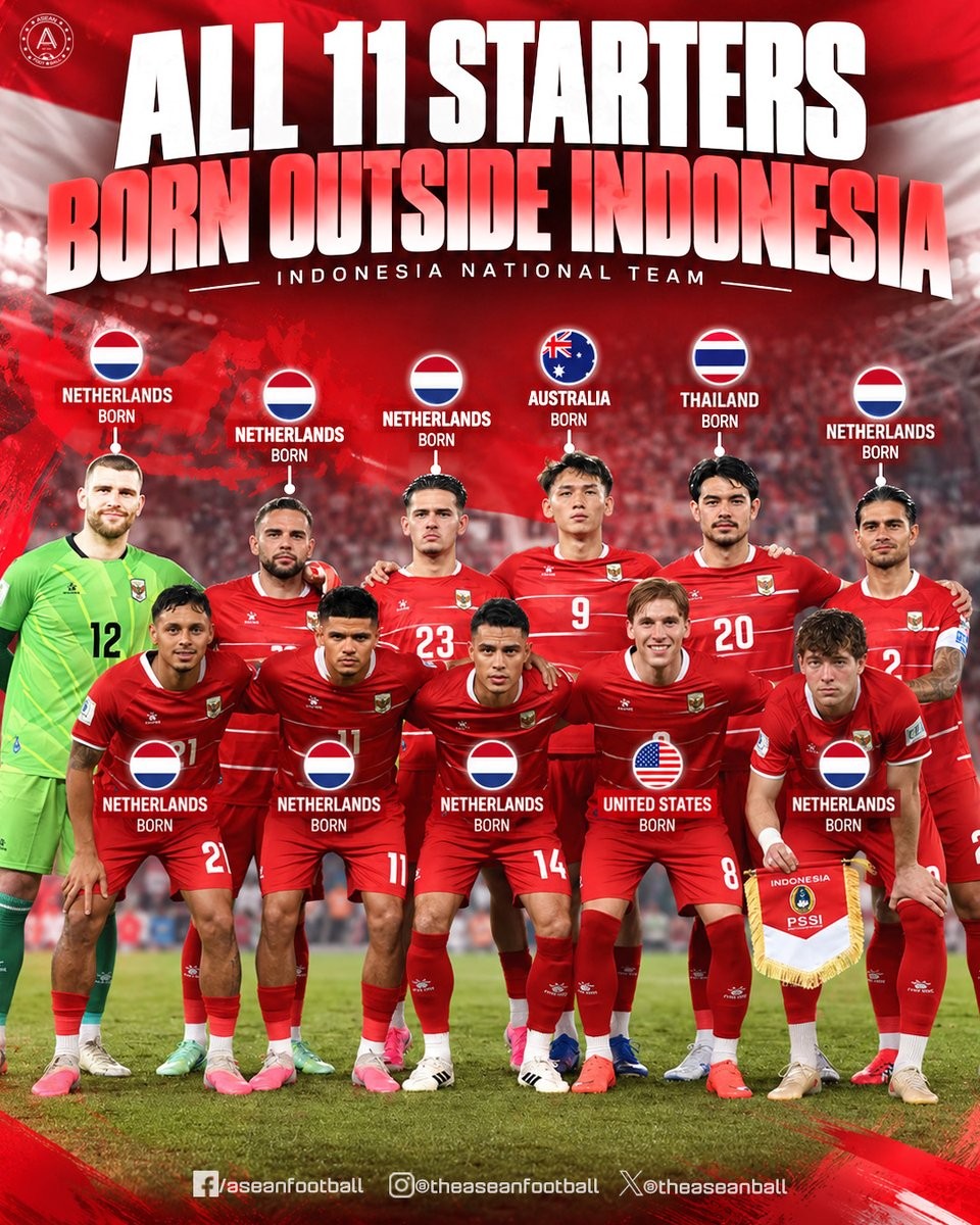 印尼男足创历史：首发11人全部海外出生，2-0新加坡