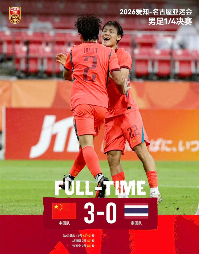 亚运男足U23大胜泰国队，3比0晋级四强下一轮直面韩国