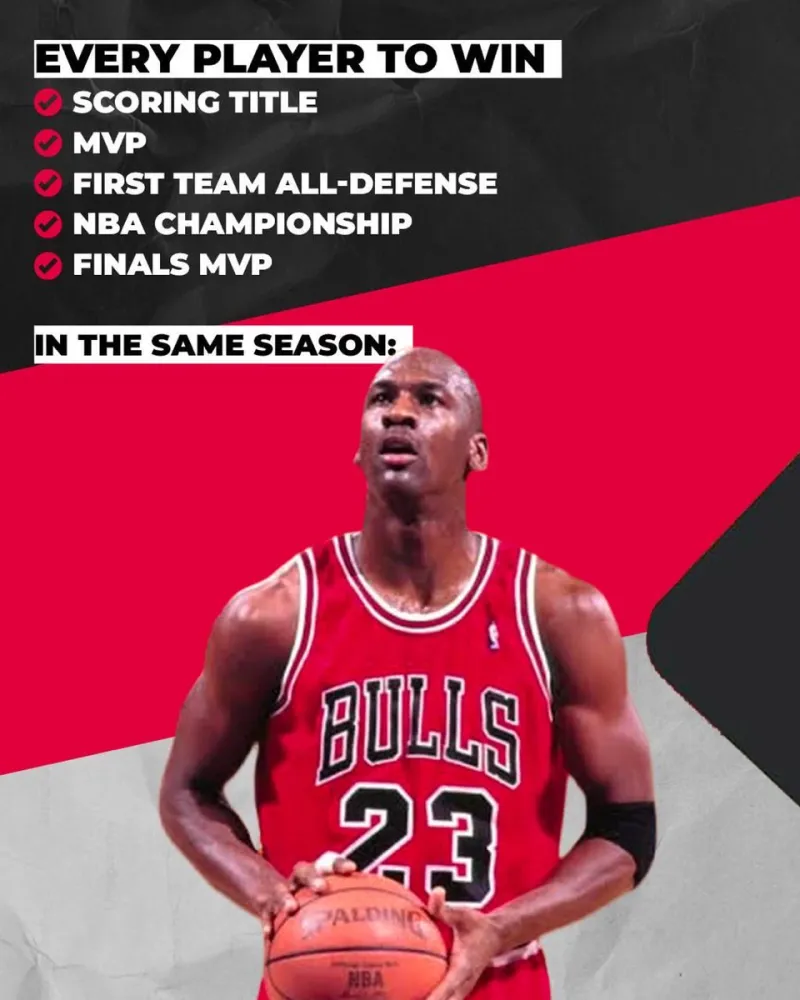 NBA历史仅乔丹一人单赛季包揽得分王、MVP、一防、总冠军和FMVP