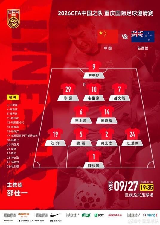 2026CFA中国之队·重庆国际足球邀请赛 中国vs新西兰 首发阵容公布