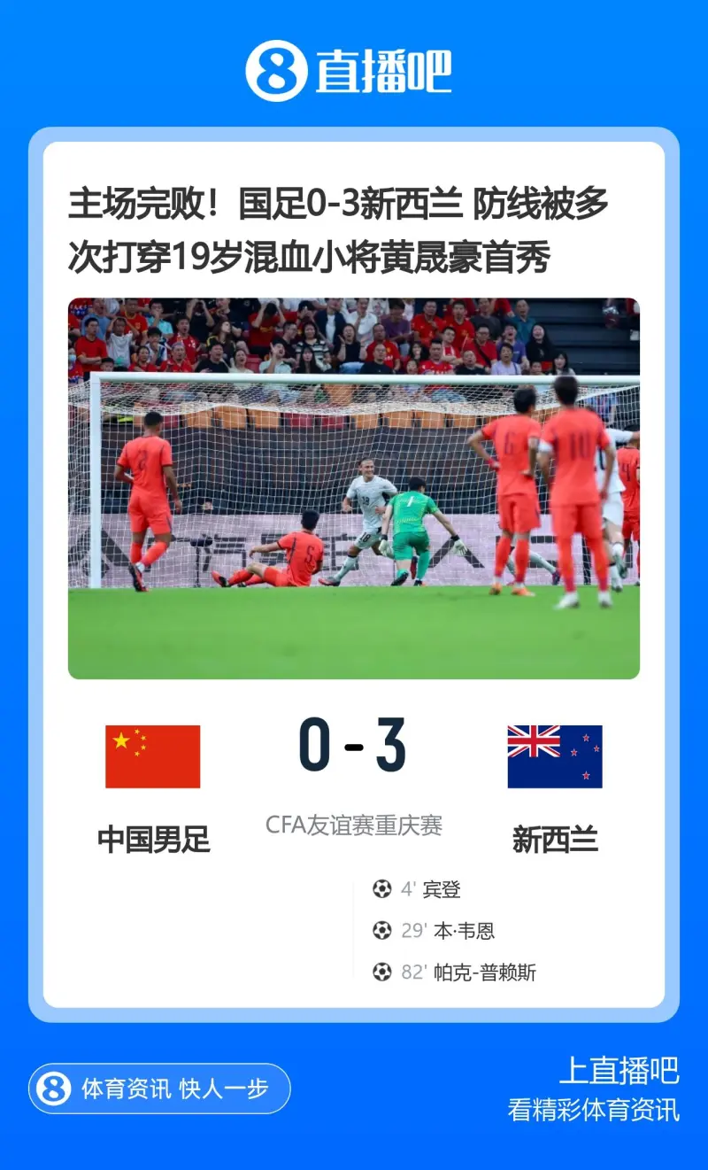 中国男足0-3不敌新西兰 19岁小将黄晟豪替补登场