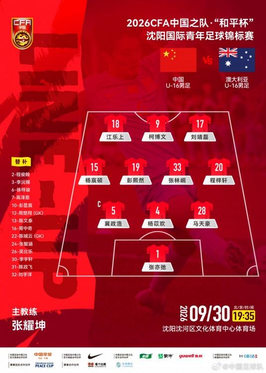 2026和平杯中国U16男足vs澳大利亚U16男足首发阵容公布