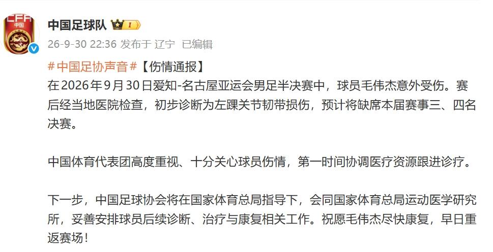 毛伟杰左踝韧带损伤或缺席亚运会三、四名决赛