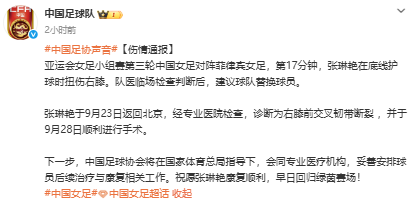 张琳艳右膝前交叉韧带断裂 中国足协发布伤情通报