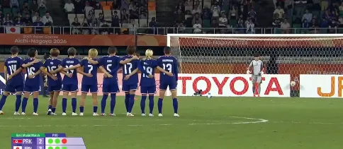 亚运女足决赛点球大战第四轮,西尾叶音与李慧京破门,朝鲜3-4日本