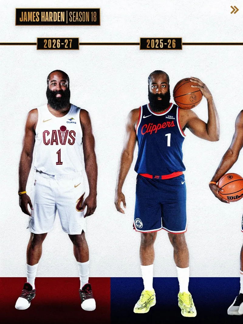 NBA官方晒出詹姆斯-哈登生涯历年定妆照 26-27赛季将是其第18个赛季