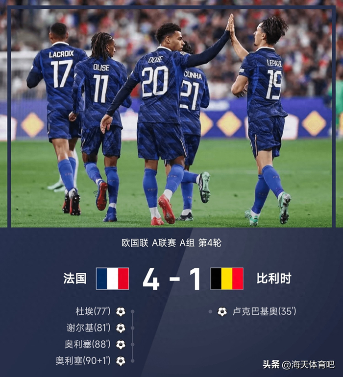 欧国联A组第4轮法国4-1逆转比利时，奥利塞双响卢克巴基奥破门