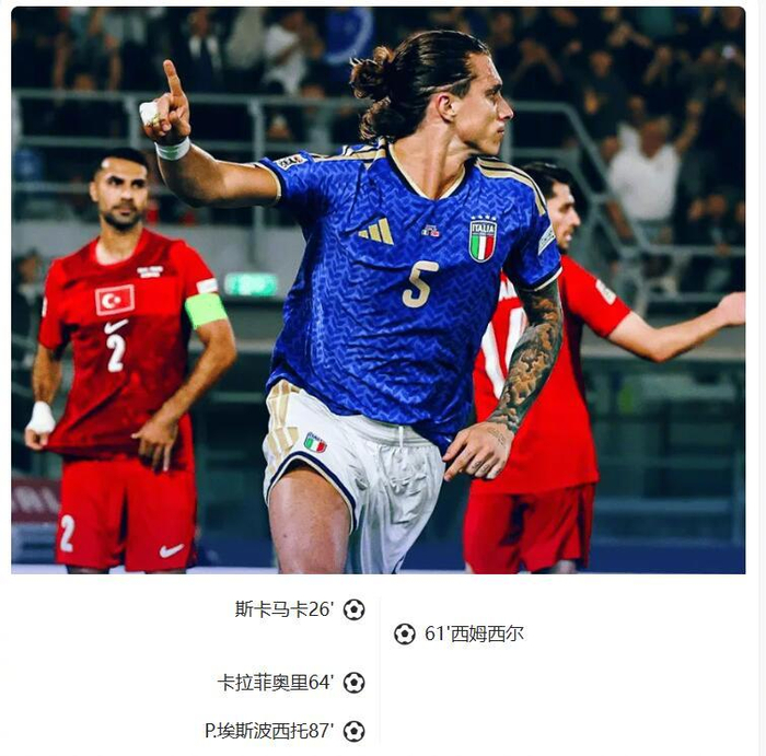 意大利3-1战胜土耳其，斯卡马卡、卡拉菲奥里、皮奥破门