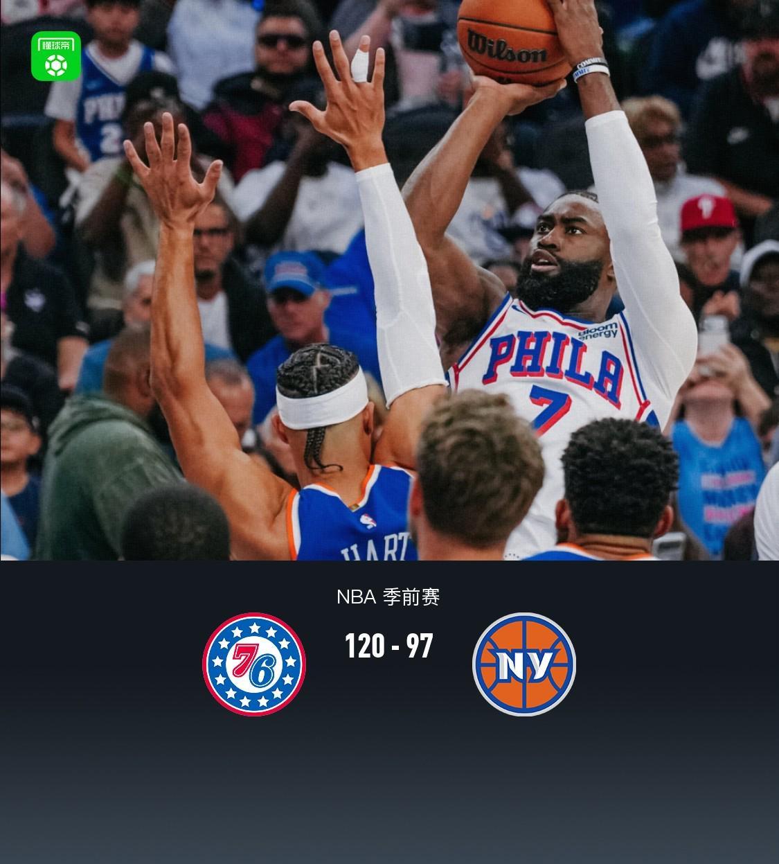 NBA季前赛76人120-97大胜尼克斯，布朗砍22分乐福15+3+6