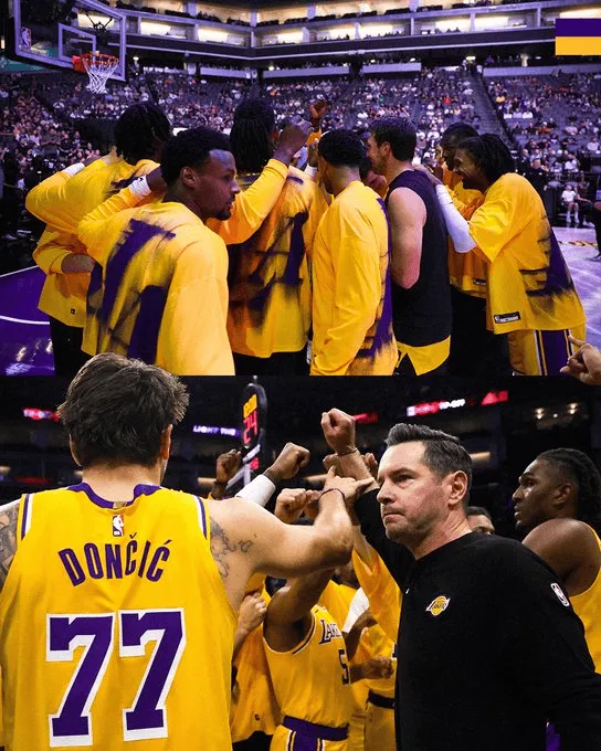 湖人官方晒全队加油照:定下基调!NBA季前赛127-103胜国王
