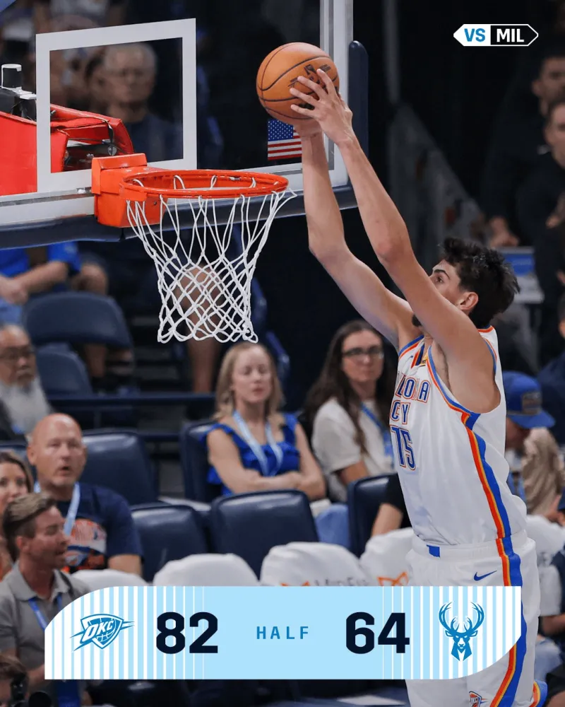NBA季前赛：雷霆半场82-64雄鹿，亚历山大17分5助杰威16分6助