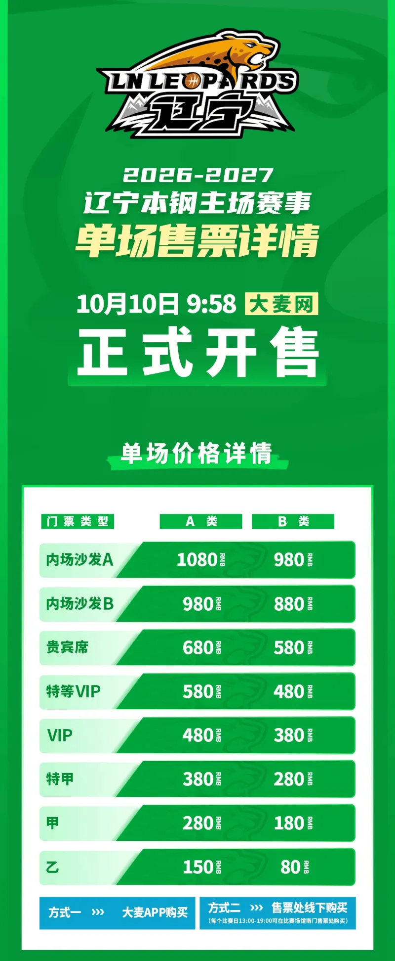 辽宁男篮公布新赛季主场票价：最高1080元 最低80元