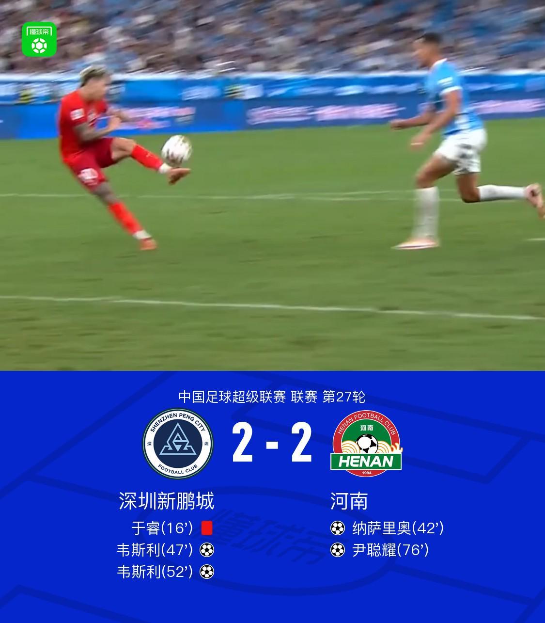 十人新鹏城2-2河南，韦斯利双响，纳萨里奥、尹聪耀破门