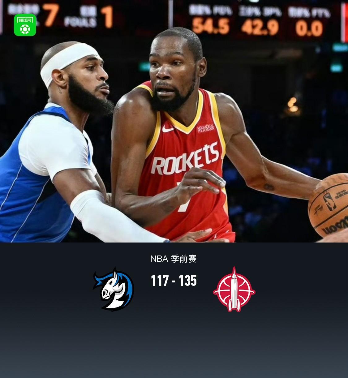 NBA中国赛:火箭135-117独行侠,弗拉格半场19+6,杜兰特15分