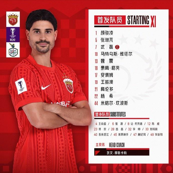 2026/2027亚冠精英联赛第2轮 上海海港vs大田韩亚市民首发名单公布