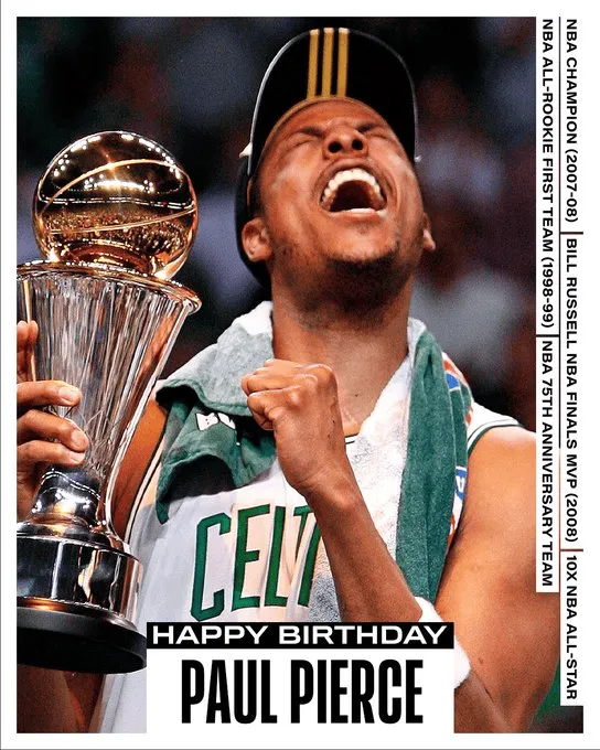 NBA官方为49岁皮尔斯庆生：2007-08赛季总冠军&FMVP生日快乐