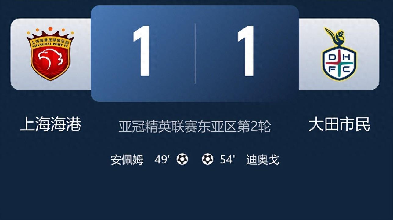 上海海港1-1大田市民错失3分 亚冠前两轮4分暂列东亚区第二