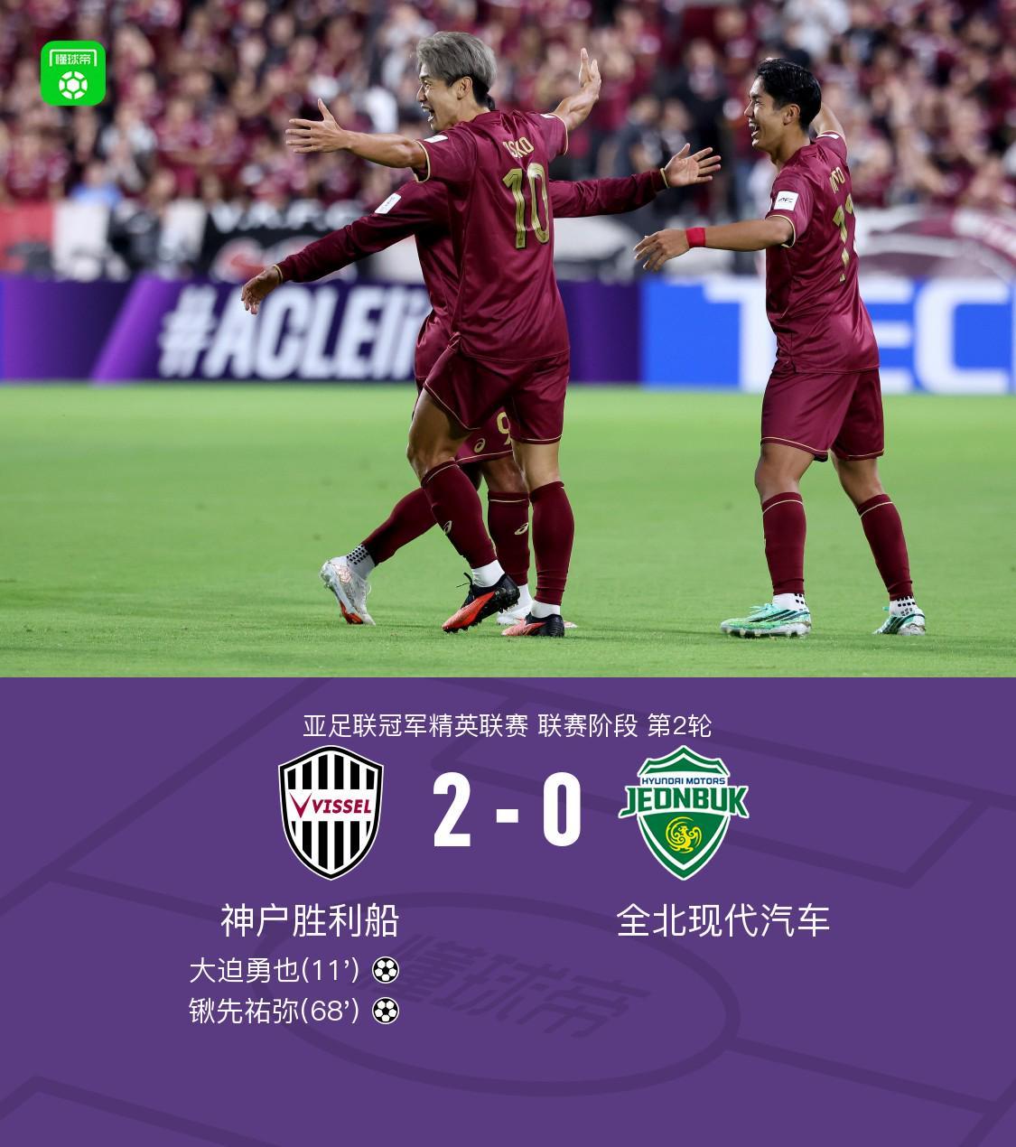神户胜利船2-0全北现代，大迫勇也角球破门锹先祐弥补时锁定胜局