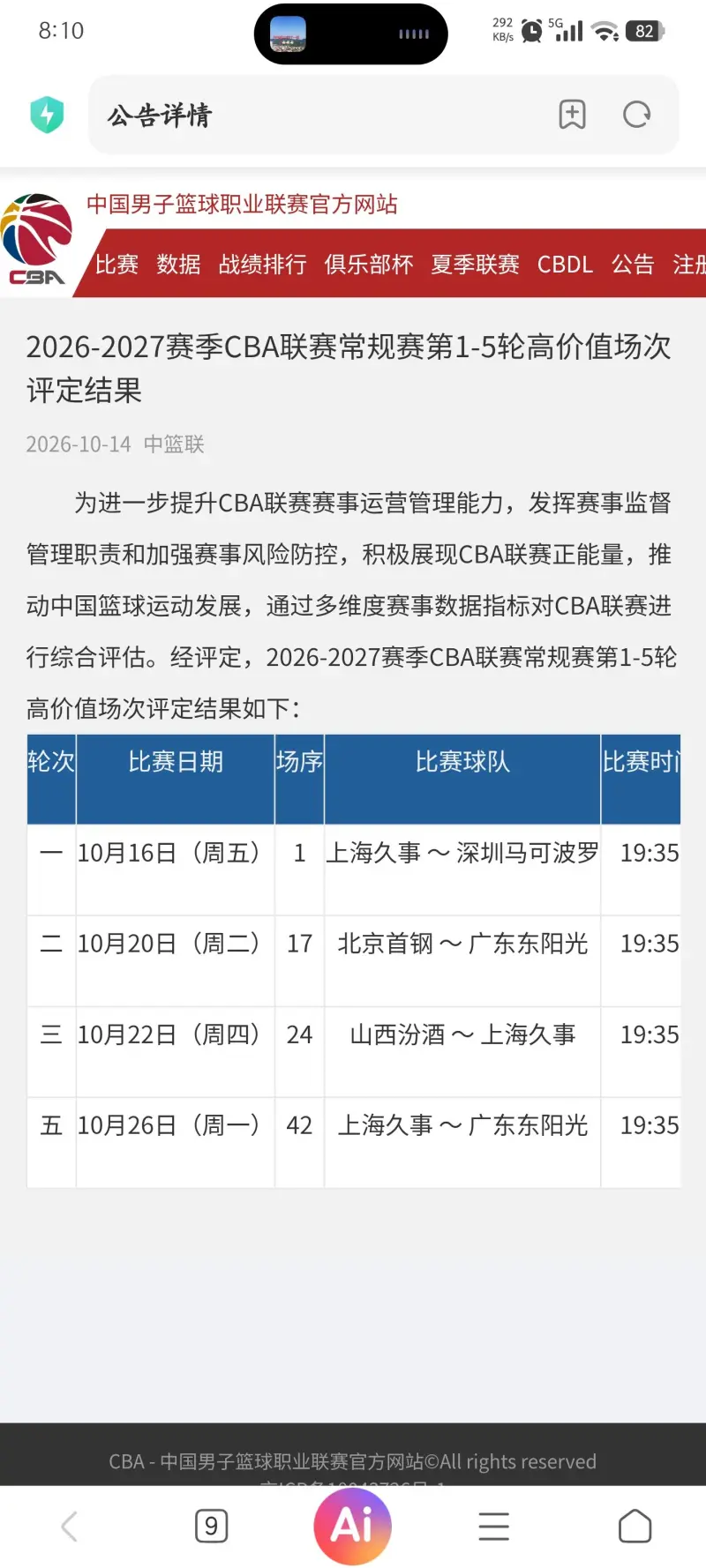CBA新赛季前5轮高价值收费场次公布