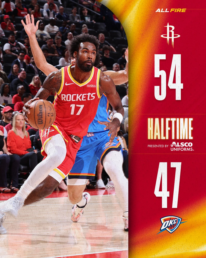 NBA季前赛半场：火箭54-47雷霆 杜兰特11分阿门12分