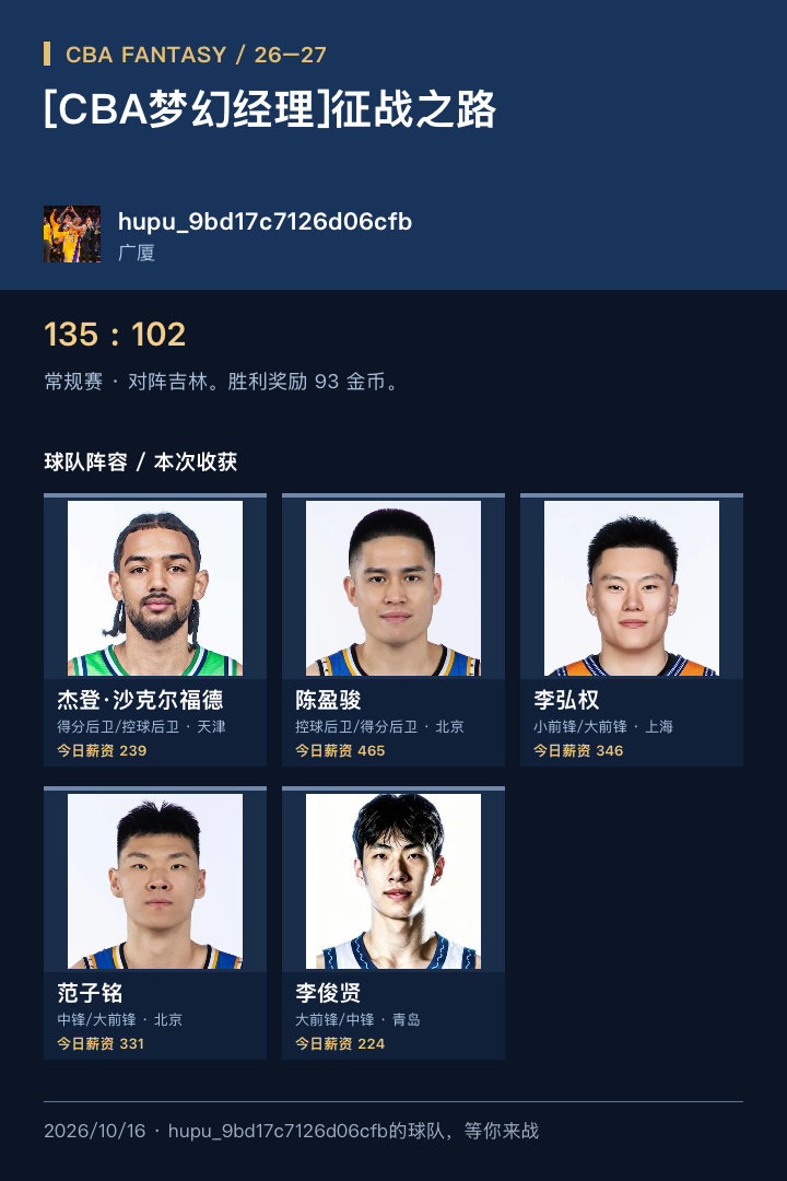 CBA常规赛：广厦135-102大胜吉林，范特西26-27