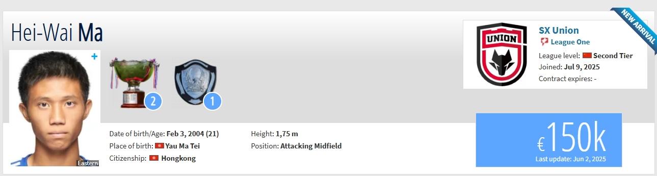 德转：21岁中国香港球员马希伟加盟省西联合