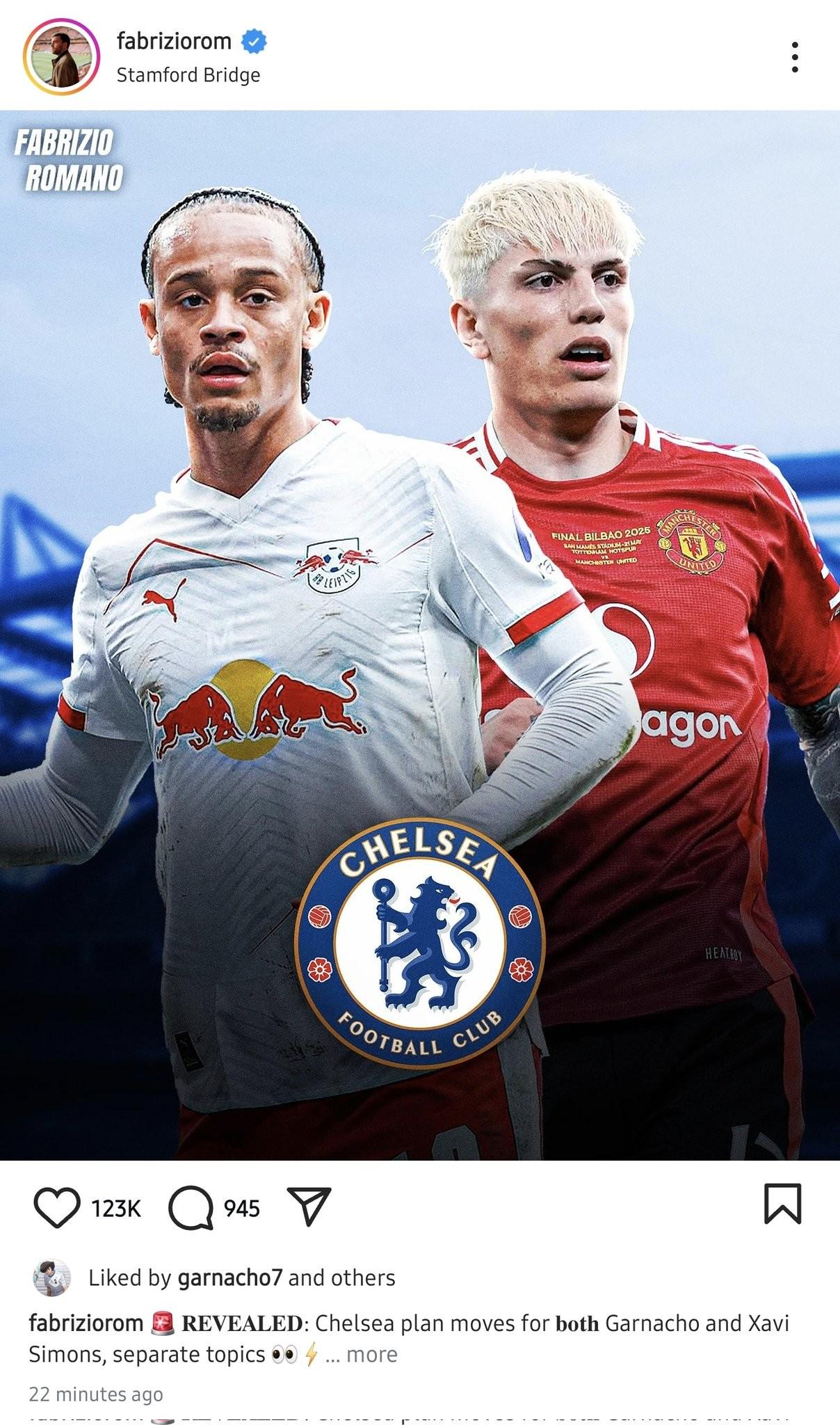 加纳乔点赞罗马诺动态，内容是切尔西将他列入引援名单