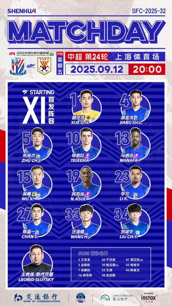 中超第24轮申花对决山东泰山，首发名单公布引发关注
