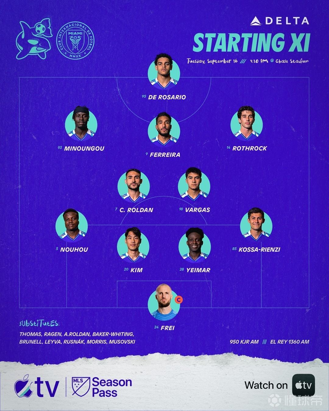 迈阿密国际迎战西雅图海湾人首发名单公布，梅西领衔美职联焦点战