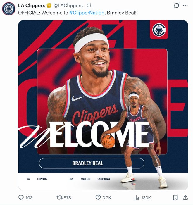 快船官宣签约比尔：2年合作细节出炉 船媒感谢哈里斯2.12亿转投资城