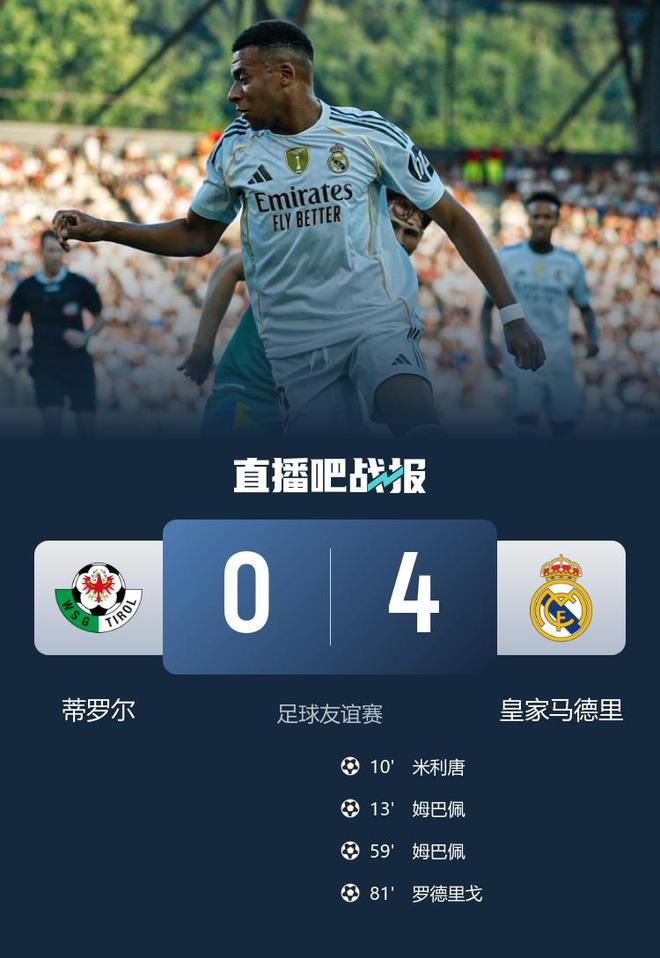 友谊赛-皇马4-0击败拉伯尔，曼巴为球队贡献2球1助攻，罗德里戈破门