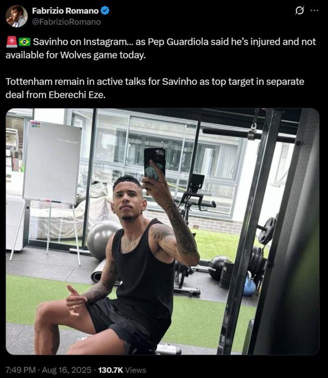 曼城新赛季首战在即，萨维尼奥缺阵热刺盯上他