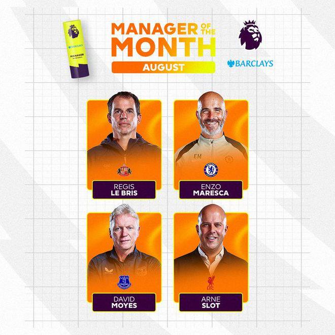 英超八月最佳教练候选名单公布，斯洛特居然领跑别闹了